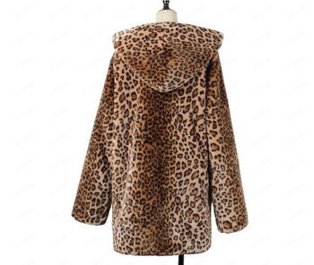 Palton leopard din blană artificială, cu glugă, gros, lungime medie