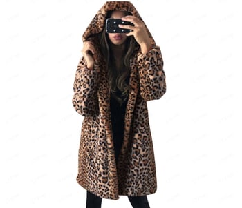 Palton leopard din blană artificială, cu glugă, gros, lungime medie
