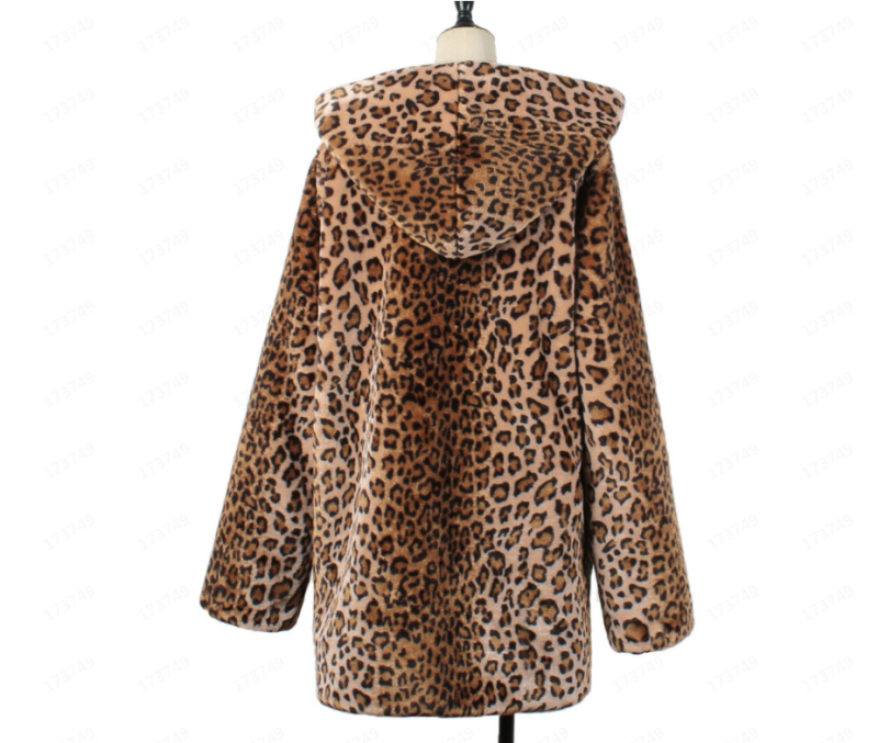 Palton leopard din blană artificială, cu glugă, gros, lungime medie