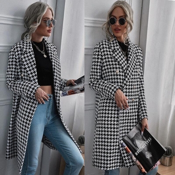 Ženski dugi vuneni kaput s uzorkom houndstooth, dvostruko kopčanje, ovratnik stila sakoa