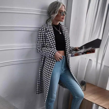Ženski dugi vuneni kaput s uzorkom houndstooth, dvostruko kopčanje, ovratnik stila sakoa