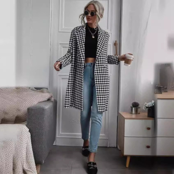 Ženski dugi vuneni kaput s uzorkom houndstooth, dvostruko kopčanje, ovratnik stila sakoa