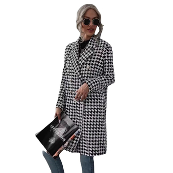 Ženski dugi vuneni kaput s uzorkom houndstooth, dvostruko kopčanje, ovratnik stila sakoa