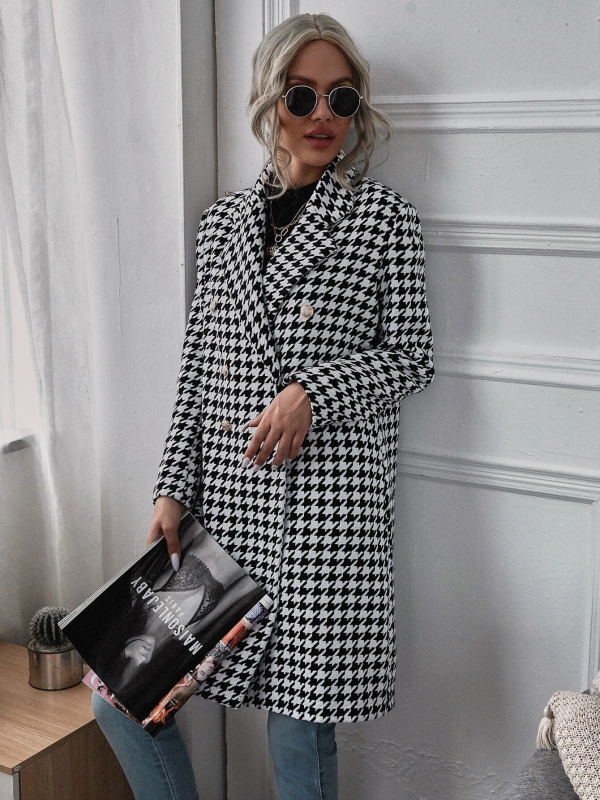 Ženski dugi vuneni kaput s uzorkom houndstooth, dvostruko kopčanje, ovratnik stila sakoa