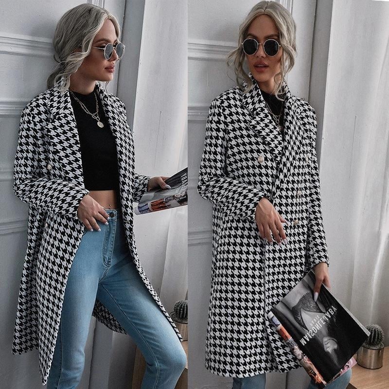 Ženski dugi vuneni kaput s uzorkom houndstooth, dvostruko kopčanje, ovratnik stila sakoa