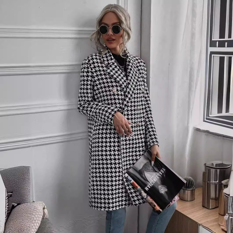 Ženski dugi vuneni kaput s uzorkom houndstooth, dvostruko kopčanje, ovratnik stila sakoa