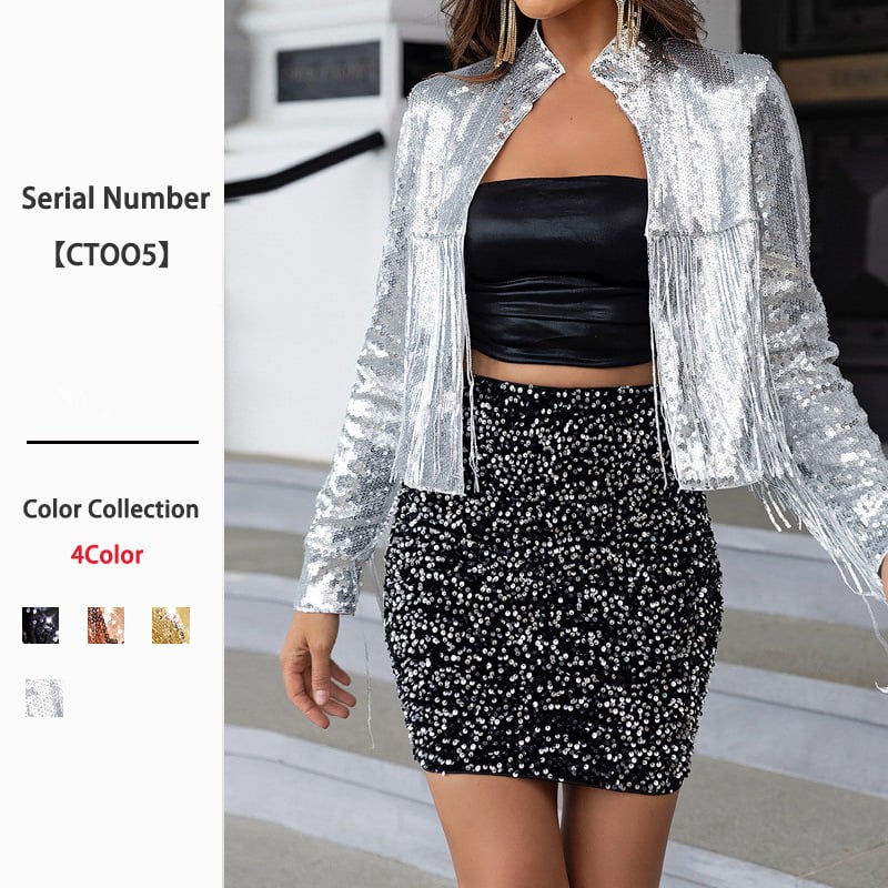 Дамско палто с стойкова яка, пайети и пискюли, полиестер, дълги ръкави, средно тегло