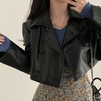 Kaput s patchwork PU rukavima, kratka duljina (40–50 cm), dvostruko kopčanje, ovratnik, korejski stil