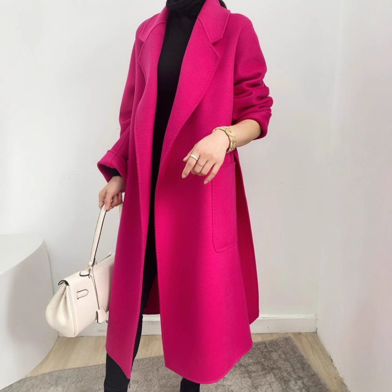 Ženski vuneni tweed kaput, ekstra dug, dugi rukavi, ovratnik stila sakoa