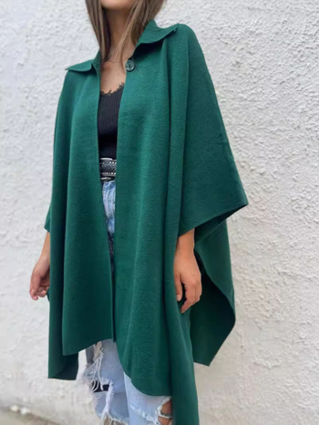 Dámsky voľný dlhý cardigan-vestrovka s jedným gombom, golier, bat rukávy, 3/4 dĺžka, umelá vlna, polyester s elastanom, jednobarevný vzor, jeseň 2024