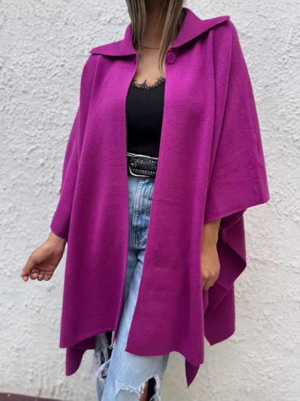 Dámsky voľný dlhý cardigan-vestrovka s jedným gombom, golier, bat rukávy, 3/4 dĺžka, umelá vlna, polyester s elastanom, jednobarevný vzor, jeseň 2024