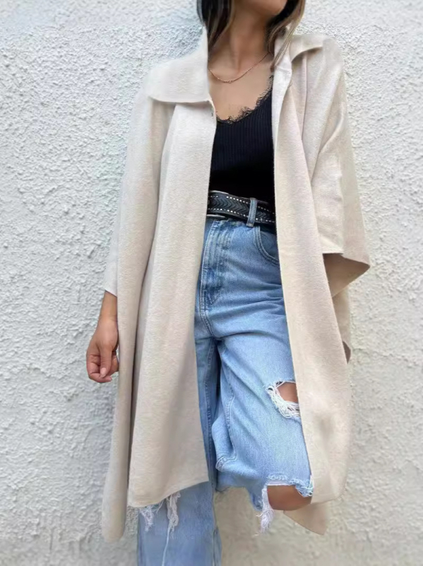 Dámsky voľný dlhý cardigan-vestrovka s jedným gombom, golier, bat rukávy, 3/4 dĺžka, umelá vlna, polyester s elastanom, jednobarevný vzor, jeseň 2024