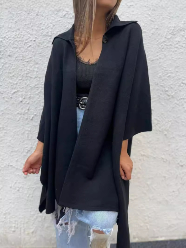 Dámsky voľný dlhý cardigan-vestrovka s jedným gombom, golier, bat rukávy, 3/4 dĺžka, umelá vlna, polyester s elastanom, jednobarevný vzor, jeseň 2024