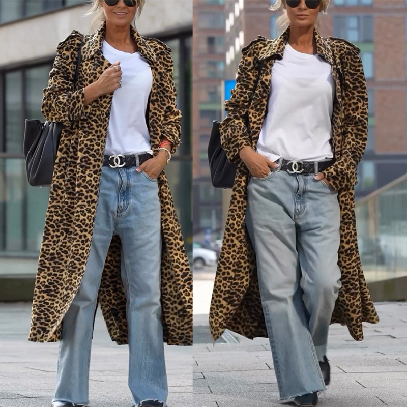 Ženski windbreaker s leopard printom, ovratnik rever, od korejskog velura, dugi rukavi, slobodan kroj
