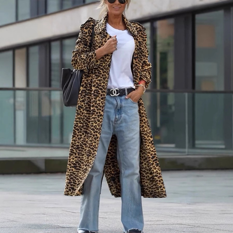 Ženski windbreaker s leopard printom, ovratnik rever, od korejskog velura, dugi rukavi, slobodan kroj