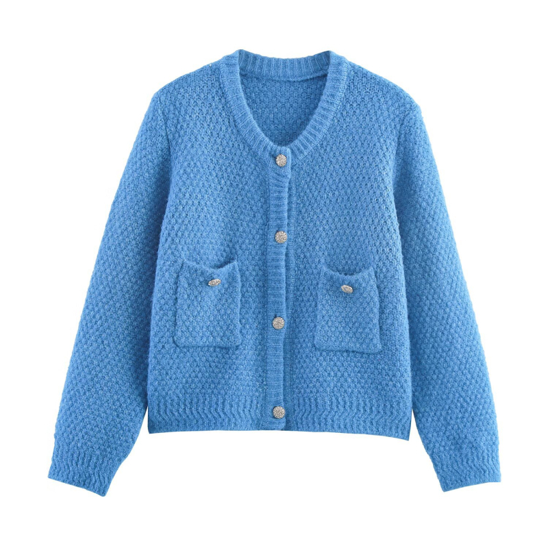 Pletený kabát s patchwork detailom, kruhový výstrih, dlhé rukávy, krátky strih, polyester 70–80%