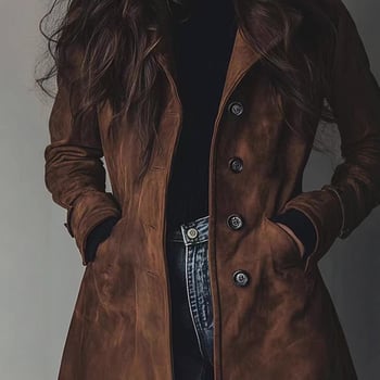 Дамско дълго палто от набук със ревър, едноцветен модел, средна дебелина, стандартна кройка