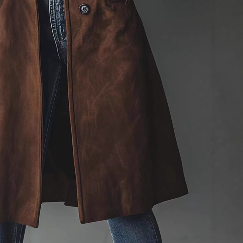 Дамско дълго палто от набук със ревър, едноцветен модел, средна дебелина, стандартна кройка