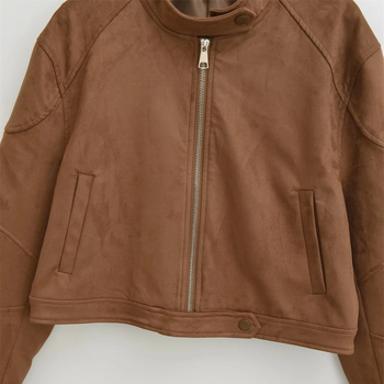 Maillard Retro kratka nubuk jakna za žene - stojeći ovratnik, prednji zip, džepovi s preklopima, širok kroj, gradski stil, jesen 2025