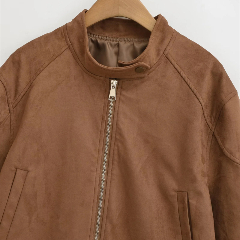 Maillard Retro kratka nubuk jakna za žene - stojeći ovratnik, prednji zip, džepovi s preklopima, širok kroj, gradski stil, jesen 2025