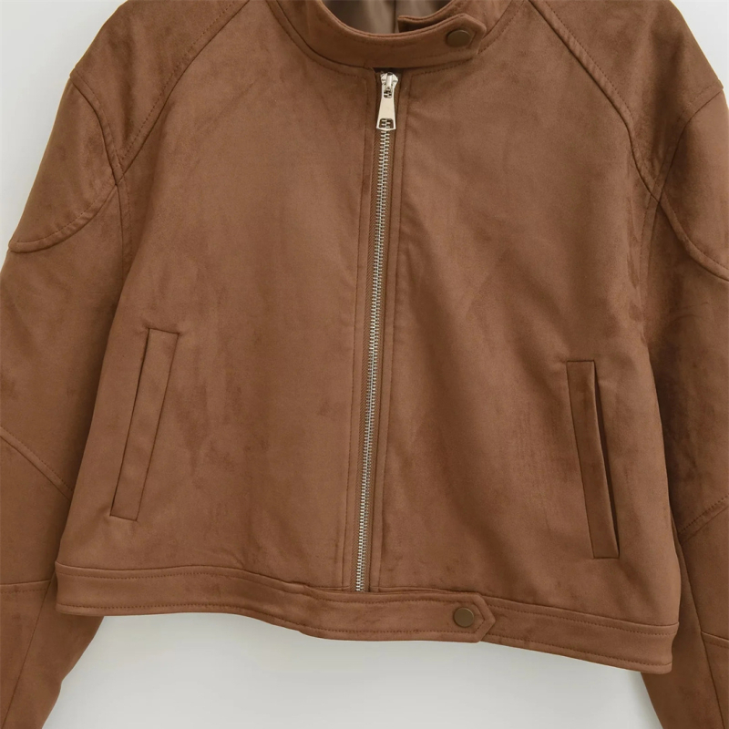 Maillard Retro kratka nubuk jakna za žene - stojeći ovratnik, prednji zip, džepovi s preklopima, širok kroj, gradski stil, jesen 2025