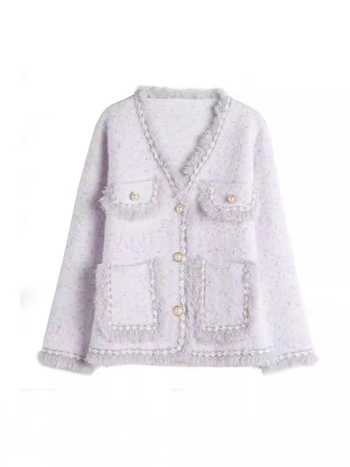 Ženski kaput s resicama, Chanel stil inspiriran, jesen-zima 2024, slobodan kroj, geometrijski uzorak, poliester uz vodootporni mink velur, dugi rukavi, V-izrez