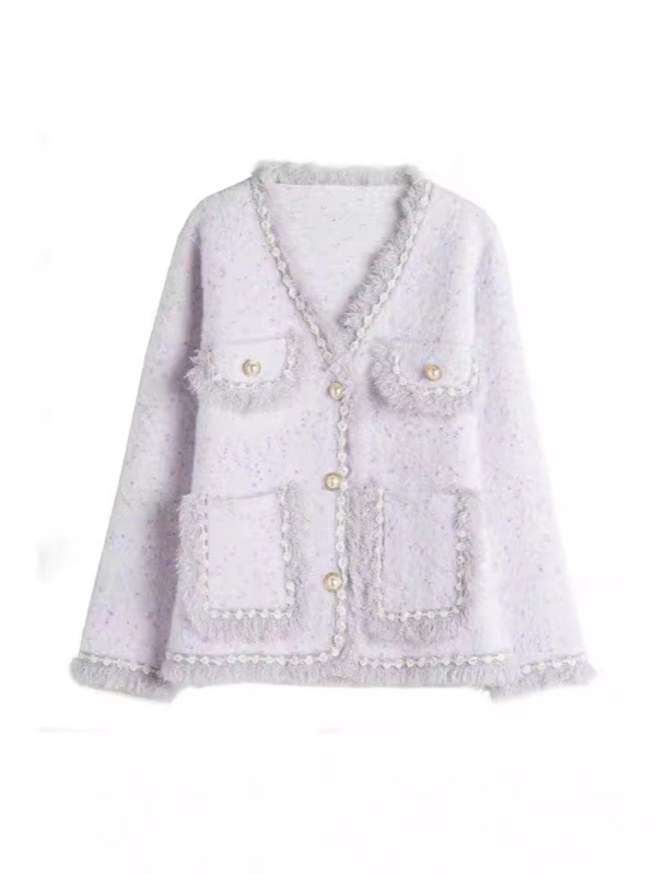 Ženski kaput s resicama, Chanel stil inspiriran, jesen-zima 2024, slobodan kroj, geometrijski uzorak, poliester uz vodootporni mink velur, dugi rukavi, V-izrez