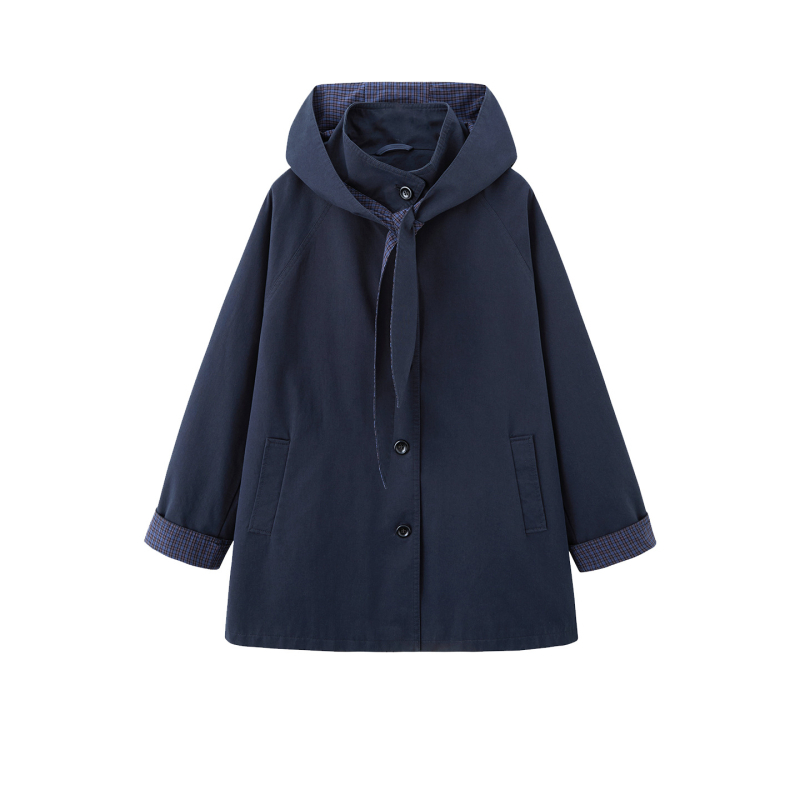 Geacă windbreaker pentru femei — 95% bumbac, lungime medie 65–80 cm, croială lejeră, mâneci lungi, guler polo, închidere cu un rând și catarame