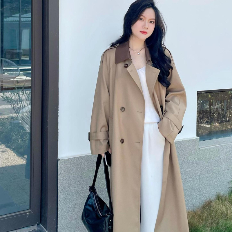 Ženski trench coat 2025 proljeće–jesen, uskog kroja, korejski stil, elegantan srednje dug kaput