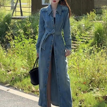 Denim hosszú kabát derékszíjjal, polo gallérral, egygombos zárás, elasztikus anyag