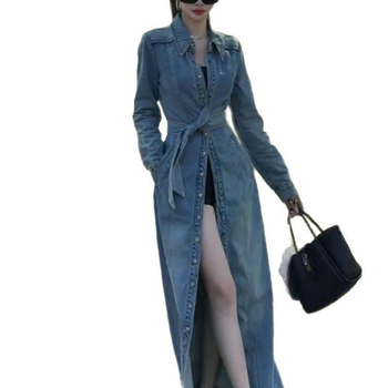 Denim hosszú kabát derékszíjjal, polo gallérral, egygombos zárás, elasztikus anyag