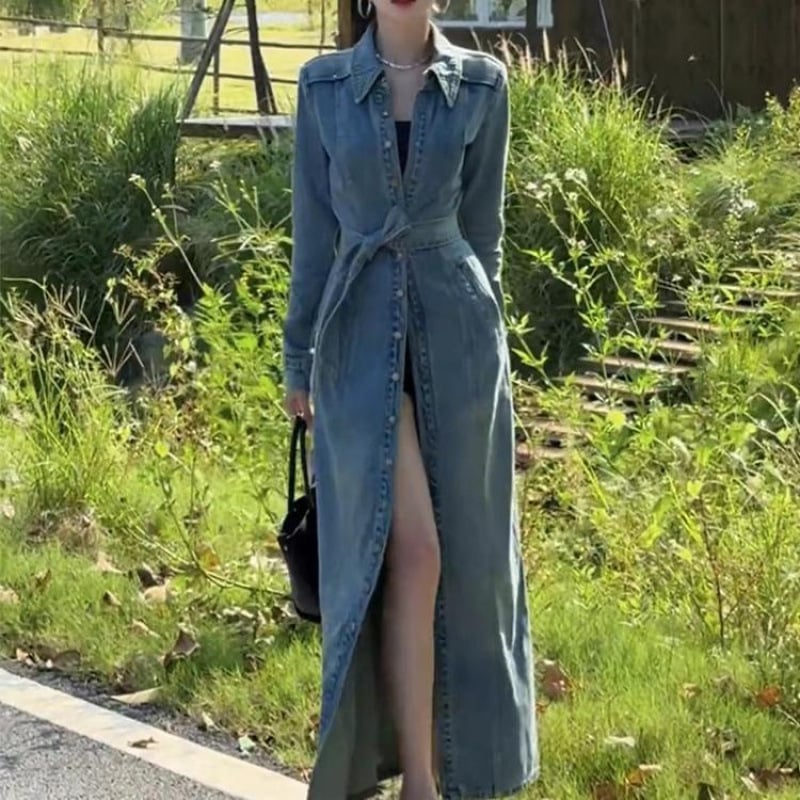 Denim hosszú kabát derékszíjjal, polo gallérral, egygombos zárás, elasztikus anyag