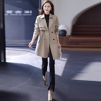 Palton trench pentru femei, lungime medie, din amestec Spandex, mâneci lungi, guler de sacou