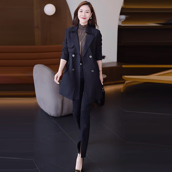 Palton trench pentru femei, lungime medie, din amestec Spandex, mâneci lungi, guler de sacou