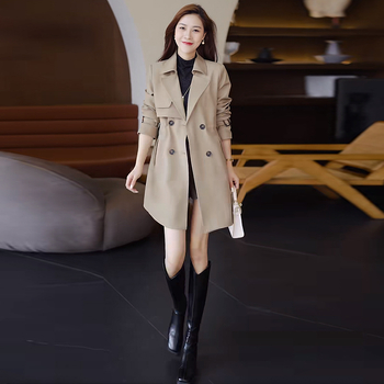 Palton trench pentru femei, lungime medie, din amestec Spandex, mâneci lungi, guler de sacou