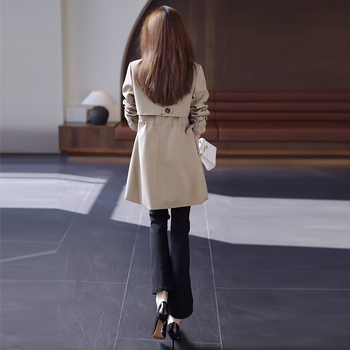 Palton trench pentru femei, lungime medie, din amestec Spandex, mâneci lungi, guler de sacou