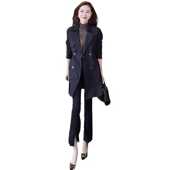 Palton trench pentru femei, lungime medie, din amestec Spandex, mâneci lungi, guler de sacou