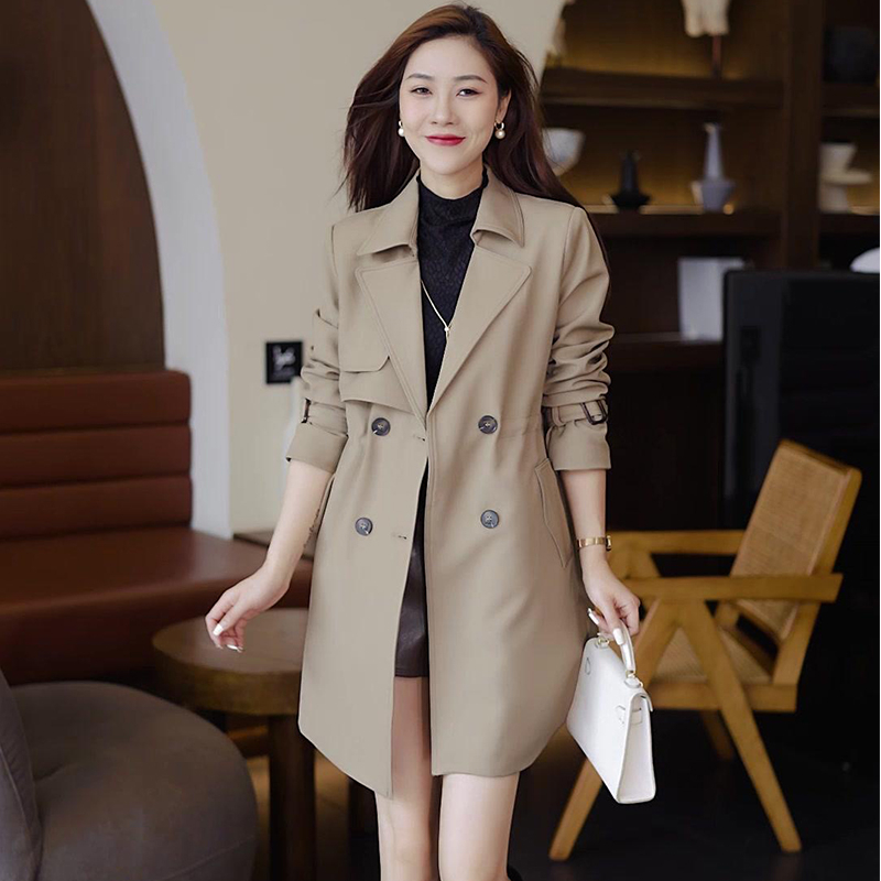 Palton trench pentru femei, lungime medie, din amestec Spandex, mâneci lungi, guler de sacou