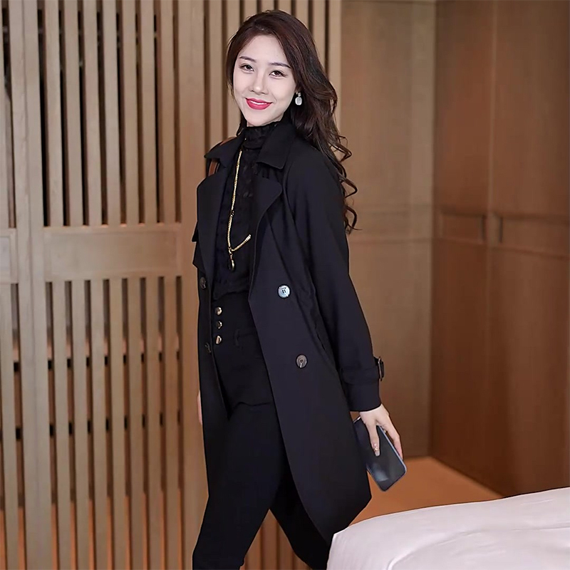 Palton trench pentru femei, lungime medie, din amestec Spandex, mâneci lungi, guler de sacou