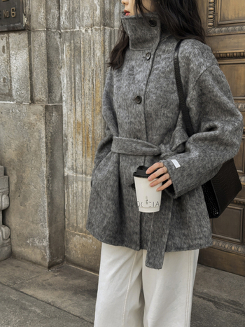 Palton din lână pentru femei, cu guler înalt, curea, lână dublu față, lungime medie, închidere cu șnur