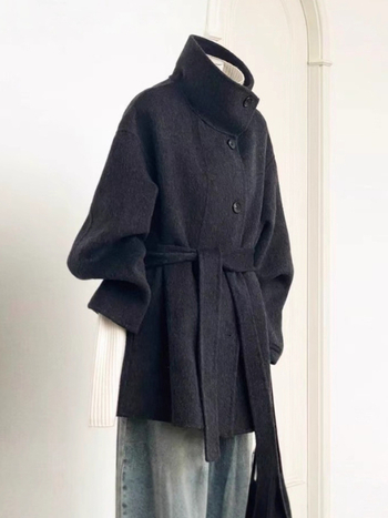 Palton din lână pentru femei, cu guler înalt, curea, lână dublu față, lungime medie, închidere cu șnur