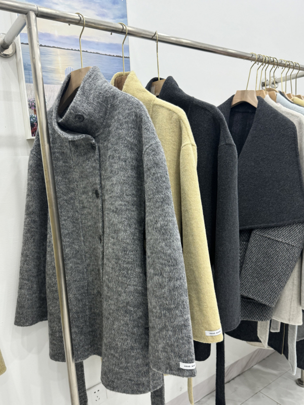 Palton din lână pentru femei, cu guler înalt, curea, lână dublu față, lungime medie, închidere cu șnur