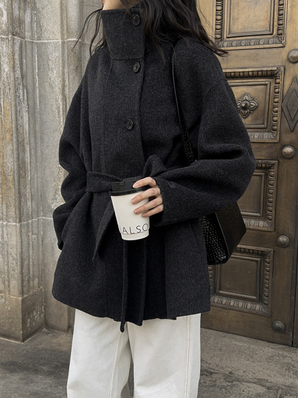 Palton din lână pentru femei, cu guler înalt, curea, lână dublu față, lungime medie, închidere cu șnur