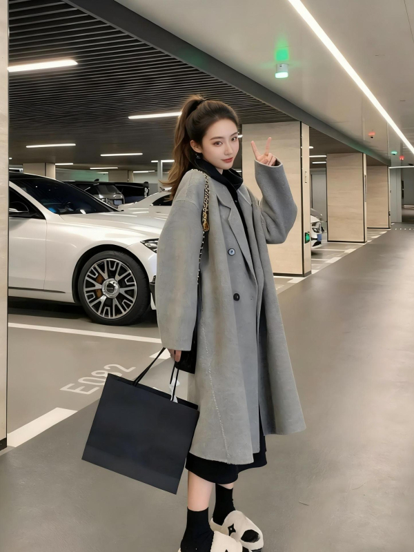 Γυναικείο παλτό από κασμίρι με ελαστάνη, μακρύ μήκος, χαλαρή γραμμή, γιακά τύπου σακάκι, διπλό κουμπί