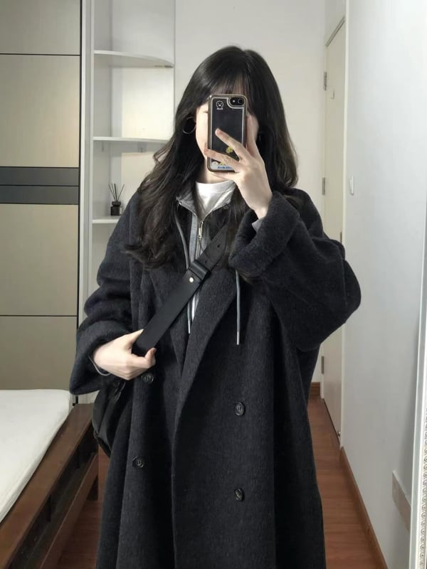 Γυναικείο παλτό από κασμίρι με ελαστάνη, μακρύ μήκος, χαλαρή γραμμή, γιακά τύπου σακάκι, διπλό κουμπί