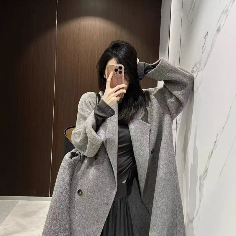 Γυναικείο παλτό από κασμίρι με ελαστάνη, μακρύ μήκος, χαλαρή γραμμή, γιακά τύπου σακάκι, διπλό κουμπί