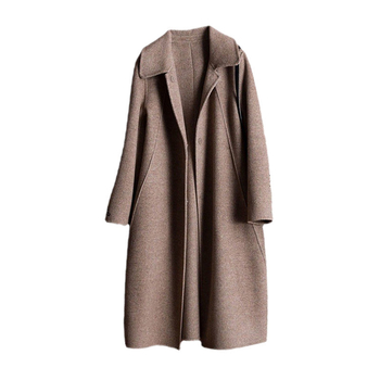 Ženski tweed kaput, dugačak kroj 80–100 cm, ovratnik rever, debeli vuneni materijal 380 g, udoban slobodan kroj, jednobojna boja.