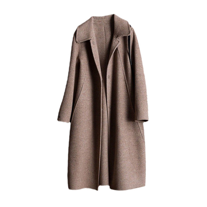 Ženski tweed kaput, dugačak kroj 80–100 cm, ovratnik rever, debeli vuneni materijal 380 g, udoban slobodan kroj, jednobojna boja.