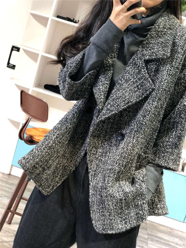 Palto din lână, croială oversize, mâneci lungi, guler Turn-Down, stil retro-literar