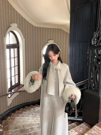 Palton de lână pentru femei, blană de vulpe, lung, guler tip fular, model uni